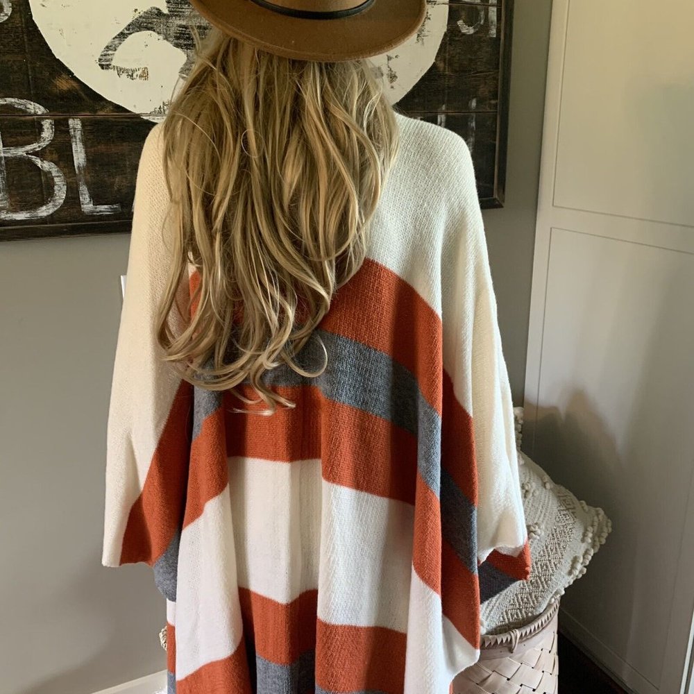 New Western Stripe Fringe Poncho Blanket Cardigan Sweater - Picture 7 of 9